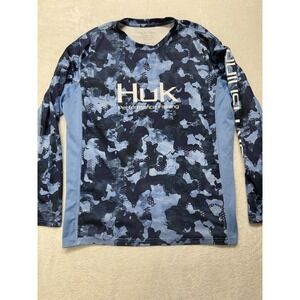 HUK Mens L Long Sleeve Performance Fishing Shirt Blue Camo